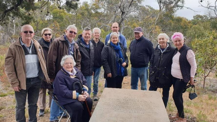 IN MEMORY: Members of the National Trust Mornington Peninsula, the National Trust Wimmera branch, the Stawell Historical Society and Deep Lead Cemetery Trust at John MacLure's memorial plaque at the Deep Lead Cemetery. Picture: CONTRIBUTED