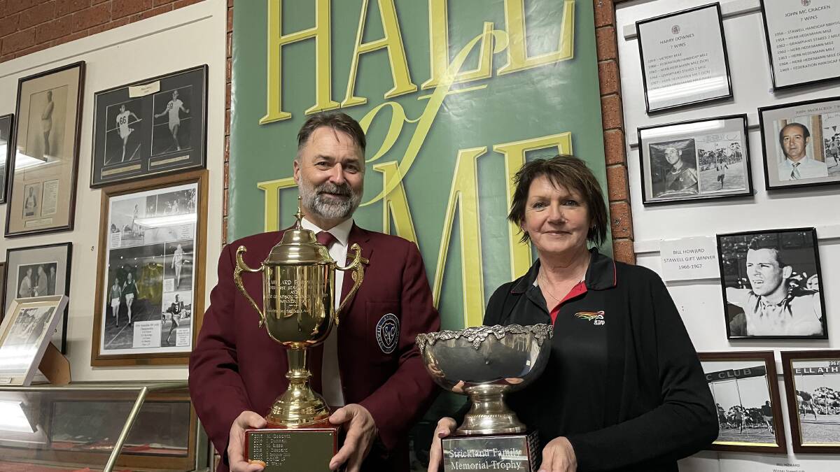 2022: New Stawell Athletic Club president Geoff McDermott with the club's office manager Wendy Hopwood. Picture: TALLIS MILES
