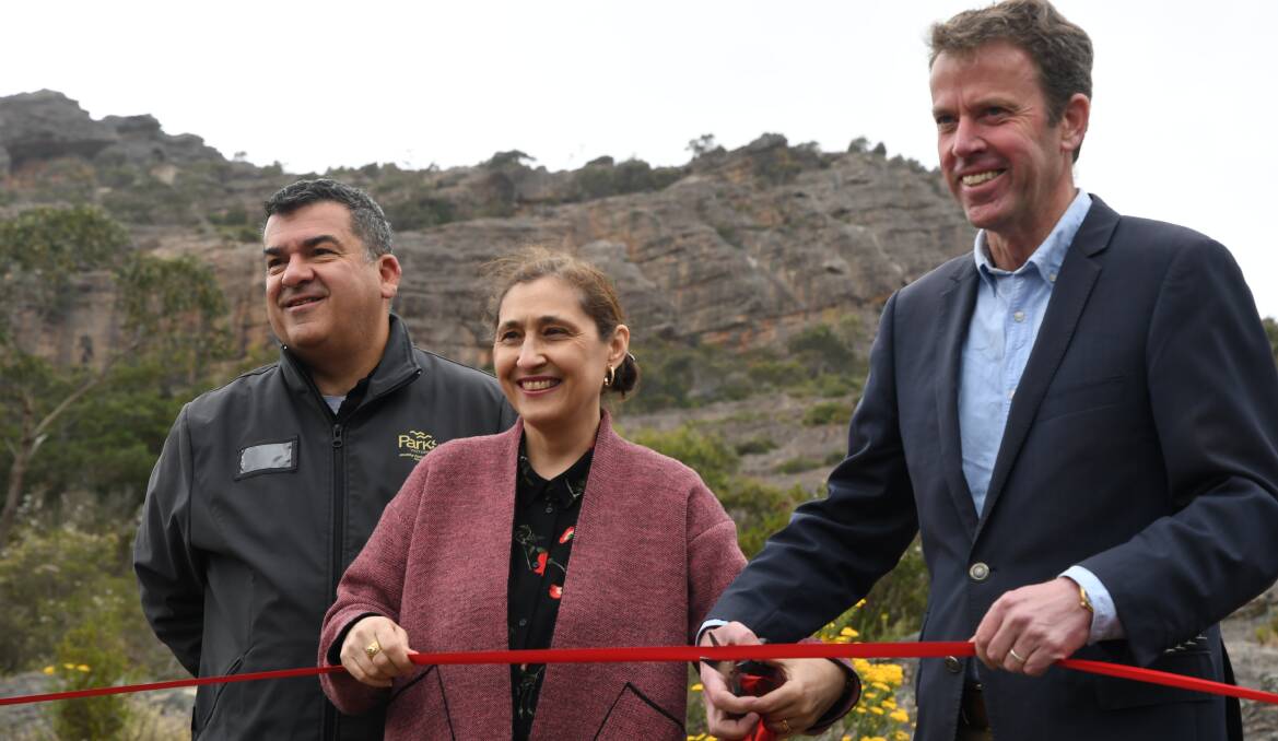 OPEN SEASON: Parks Victoria board chair John Pandazopoulos, Victorian minister Lily D'Ambrosio and Federal minister Dan Tehan cut the ribbon to open the trail. Picture: ALEX BLAIN