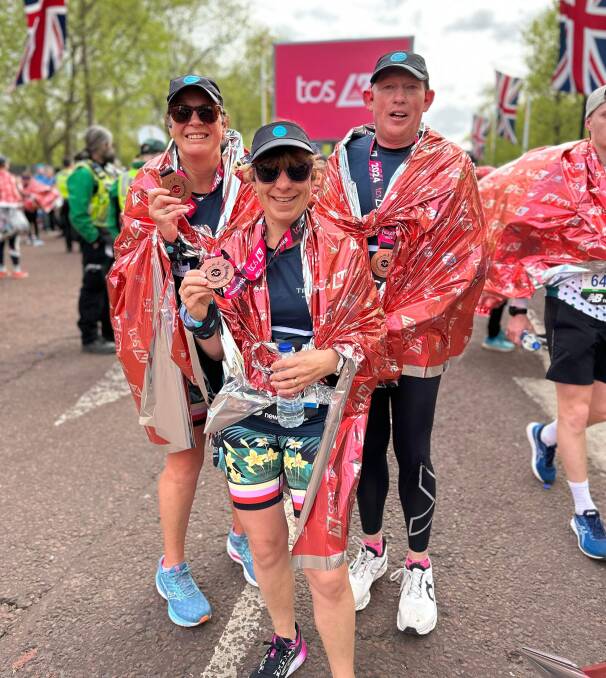 Sue Blizzard, Nathan Bendelle, and Helen McPherson from Ararat took part in the London Marathon in April. Seen here in London. Picture supplied.