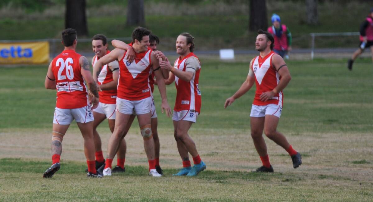 Justin Beugelaar celebrates a goal amongst his Taylors Lake teammates in 2024. Picture by John Hall