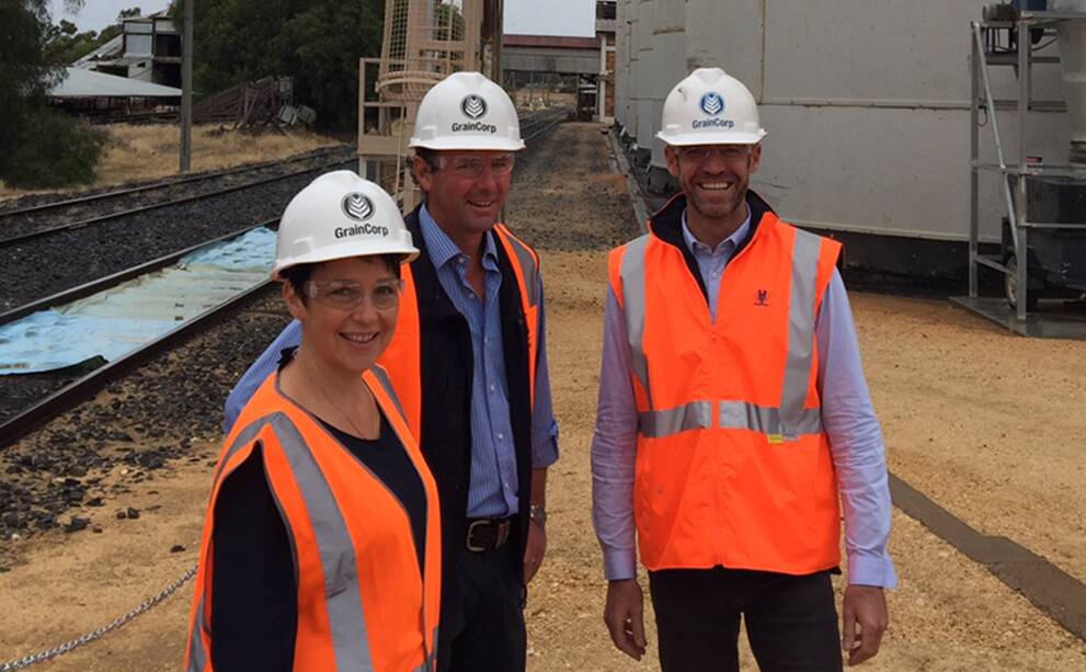 UPGRADE: Agriculture Minister Jaala Pulford, Victorian Farmers Federation grains group president Brett Hosking and GrainCorp Victoria regional manager Peter Johnston. Picture: CONTRIBUTED