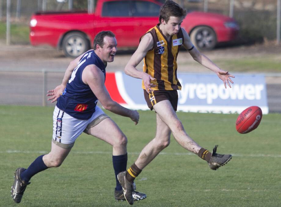 BOOT: Sam Cronin gets his kick away in Tatyoon's big win against Ararat Eagles on Saturday. It was the last round before the Hawks head into the 2016 finals. Picture: Peter Pickering.
