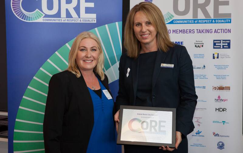 Ararat Rural City Council Director Corporate Strategy, Risk and Governance, Colleen White receives the CoRE recognition award from MP Sharon Knight.