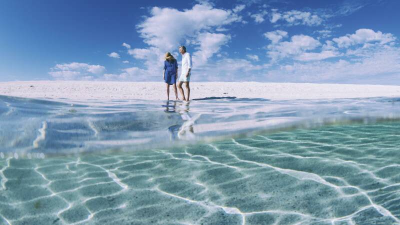 The white sands of Western Australia are an incredible juxtaposition to the dreamy turqoise of the cool water.