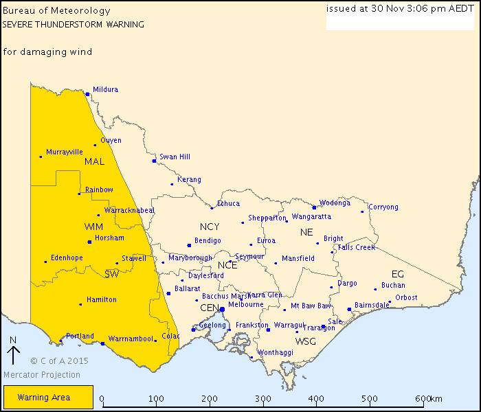 A severe thunderstorm warning has been issued for the Wimmera, Mallee and South West.