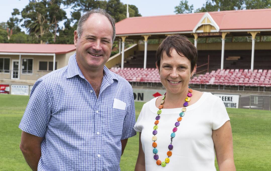 Ararat Rural City Mayor, Cr Paul Hooper, with Minister for Regional Development Jaala Pulford at Alexandra Oval on Thursday. Picture: PETER PICKERING 