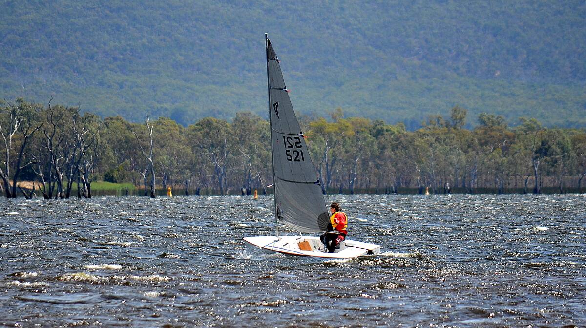 In action: Johno Knight heading upwind in the eighth pennent race of the Stawell Yacht Club series. Picture: Glen Wellard