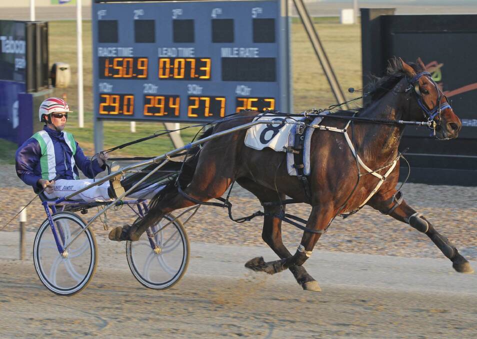 Fast pace: Hellovaway, with Chris Svanosio at the controls, storms clear of her rivals down the sprint lane to win the DNR Logisitics Pace at Tabcorp Park Melton in a blistering time of 1.54.1.