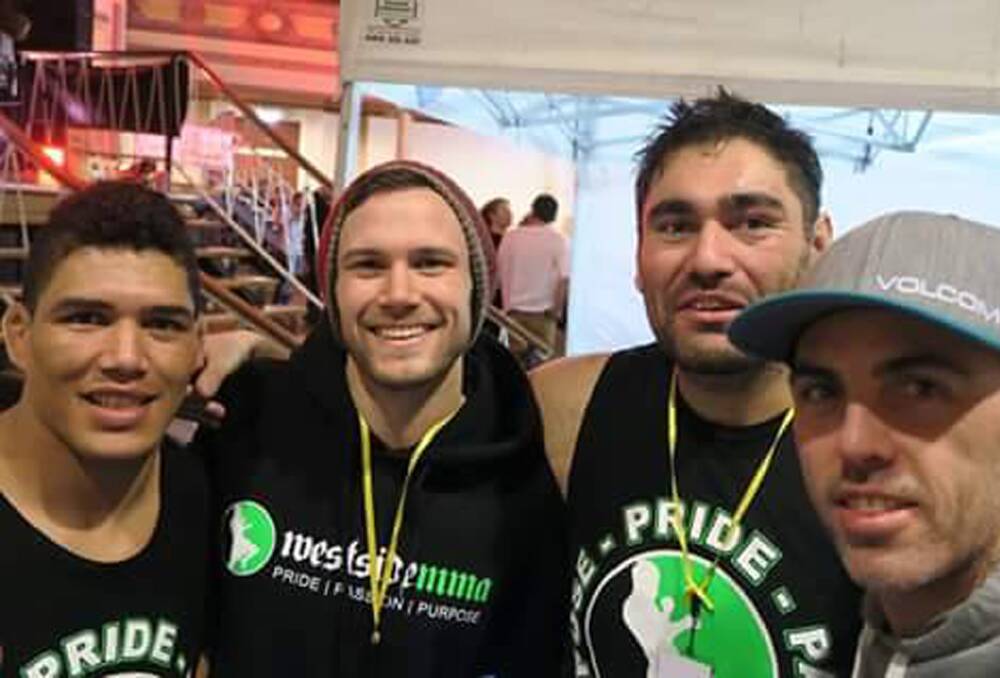 Squad: Westside MMA coach Rodolfo Marques, fighters Jordan Wallace and Jeremy Joiner and Stuart Grant. Picture: Supplied.