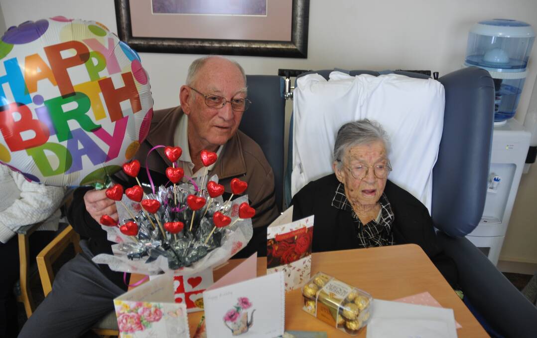 Ivan Fox with his mother Rae at her 105th birthday celebration. Picture: Grace Bibby