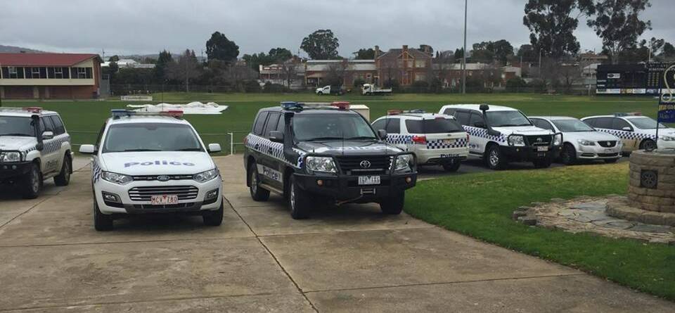 Meeting point: Police converge at Stawell Central Park. Picture: GRACE BIBBY