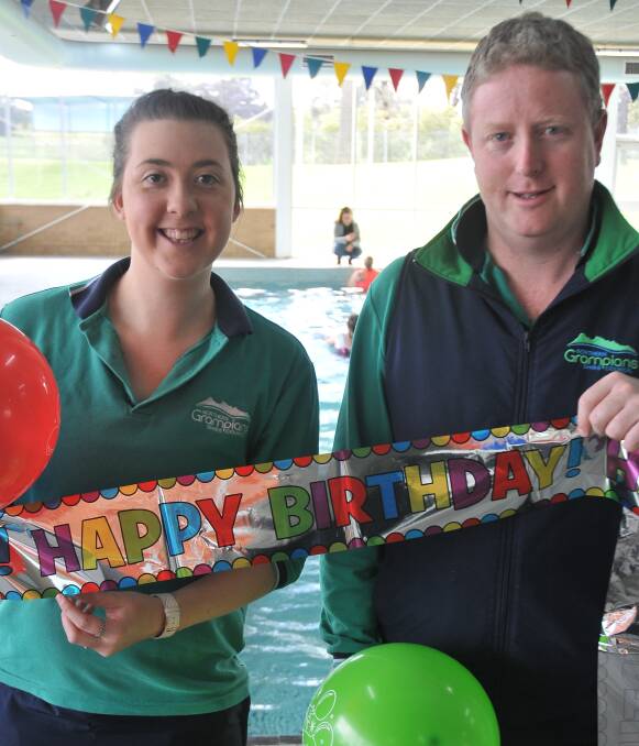 Party time: Leisure programs officer Ashley Egbers and team leader of leisure services Marc Brilliant will celebrate 30 years of the Stawell Leisure Centre on Friday with a party open to all ages. Picture: GRACE BIBBY