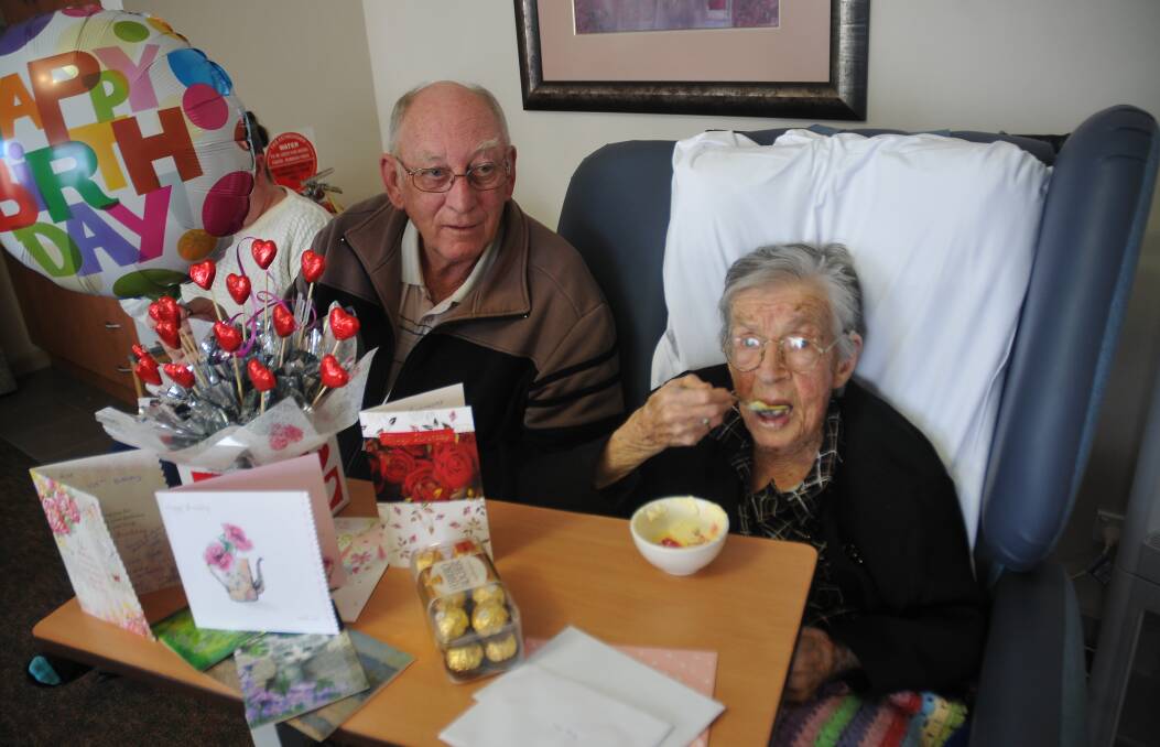 Rae Fox eats some trifle at her birthday celebration. Picture: Grace Bibby