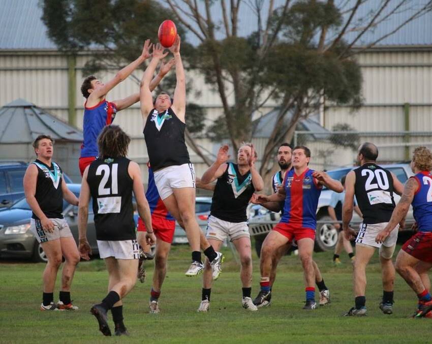 In the air: Trevor Quarrell was able to take a big contested mark during CKS Swifts win over the Rupanyup Panthers at Rupanyup on Saturday.