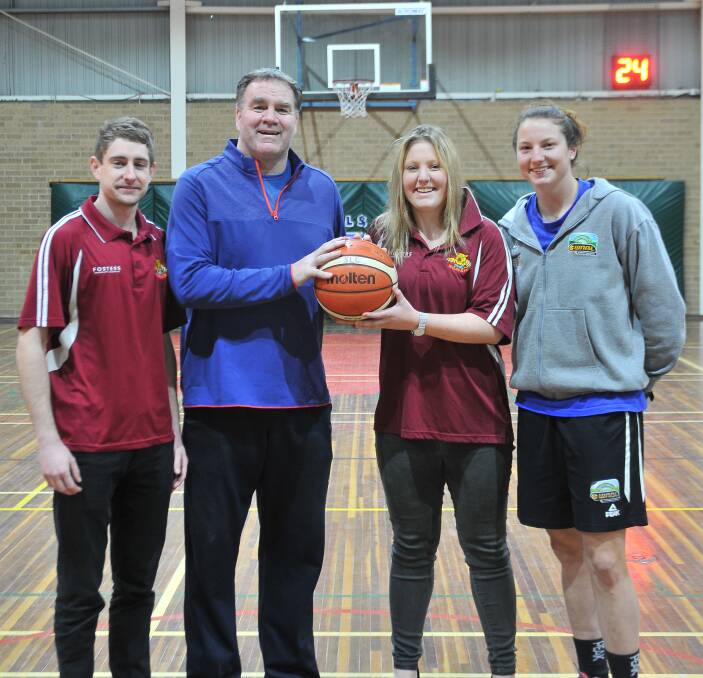 COACHES: Newly appointed Stawell Wildcats CBL coaches Jarred Ohayon, Dave Flint and Grace Bibby join WNBA start Kelsey Griffin at her free junior basketball clinic at the Stawell Leisure Centre. PICTURE: CASS COFFEY
