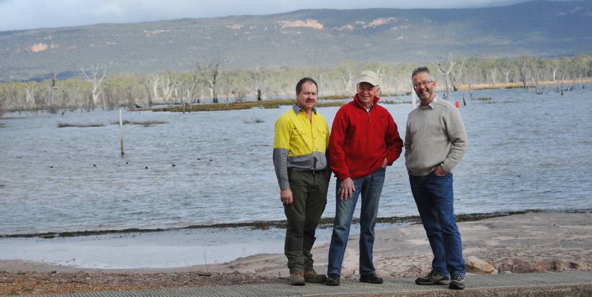 BIG THINGS: Lake Fyans committee members Gary Hull, Jim Leeke and Peter Greenberger are preparing to celebrate Lake Fyans' 100th birthday in October. Picture: PAUL CARRACHER