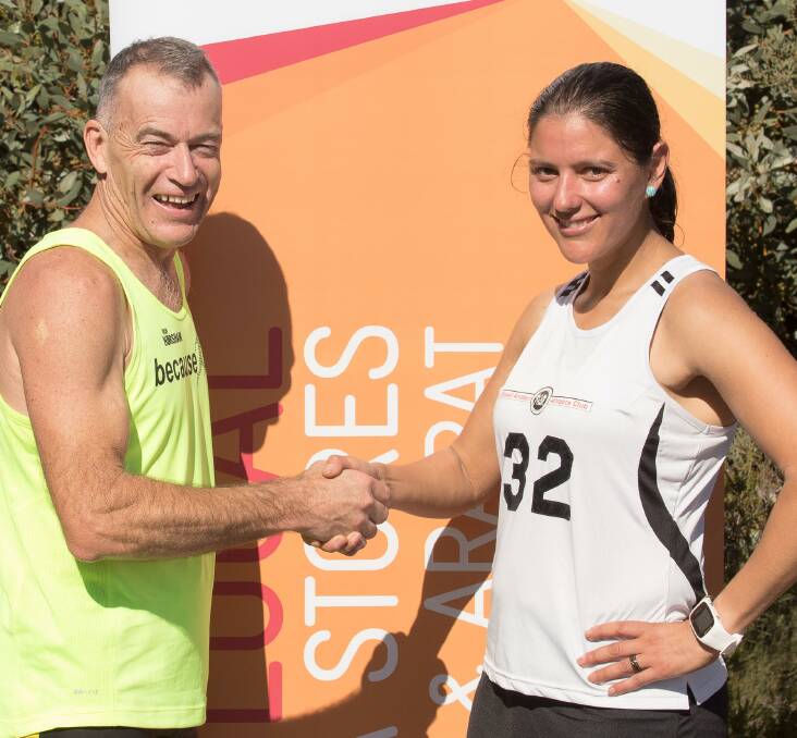 Congratulations: Race sponsor Gary Howden congratulates winner Matilda Iglesias on her win on the Telstra Shop Handicap. Picture: Supplied.