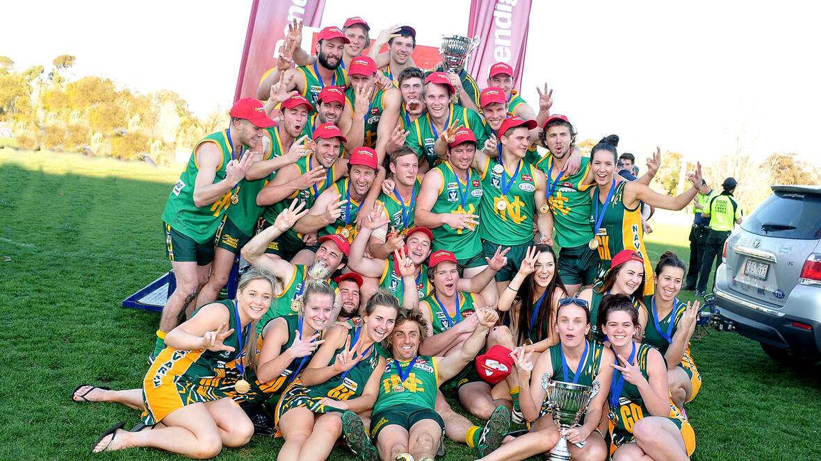 Navarre Grasshoppers celebrate back to back to back premierships in the Maryborough Castlemaine and District Football Netball League. Pictures: Mark McMillan