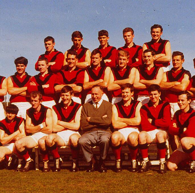 Legend: Coach John Kennedy with the Stawell Football Club team. Kennedy coached the Redlegs in 1965 and 1966.