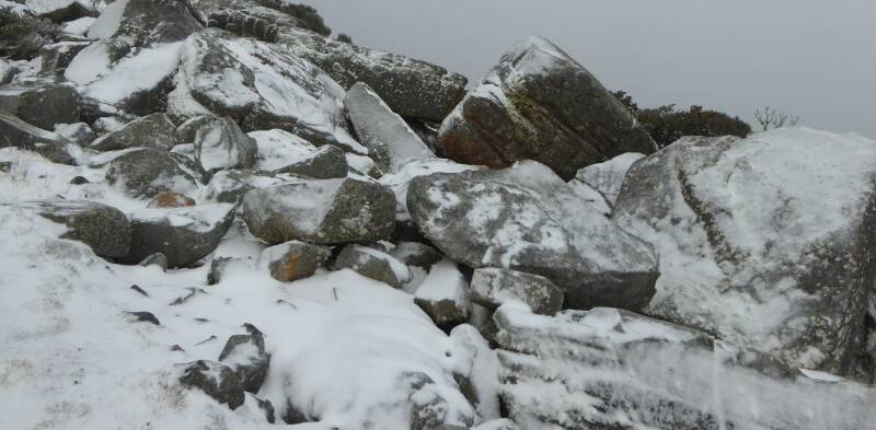BLANKETED: Thick snow covers rocks at the top of Mt William in the Grampians, after temperatures once again dropped over the weekend.