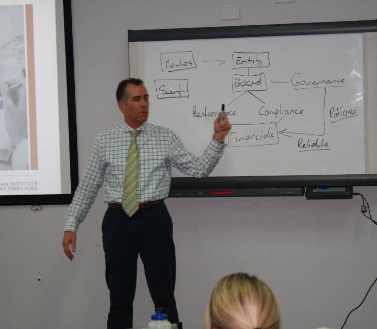 Advice: AICD Facilitator Nick Carr shares his knowledge of the duties and responsibilities of the not for profit director with a group of Wimmera people in 2015.