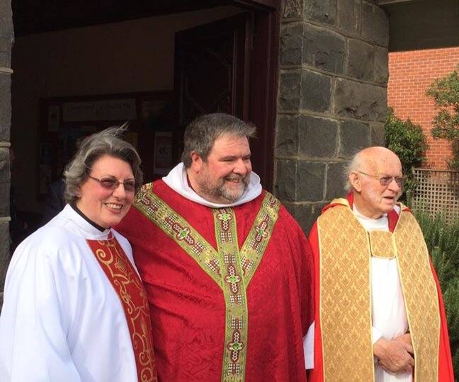 Ordained: Bishop Gary Weatherill is pictured with the newly ordained Deacon of Stawell's Anglican Church, Heather Scott and Heather's husband Peter, in Ballarat.