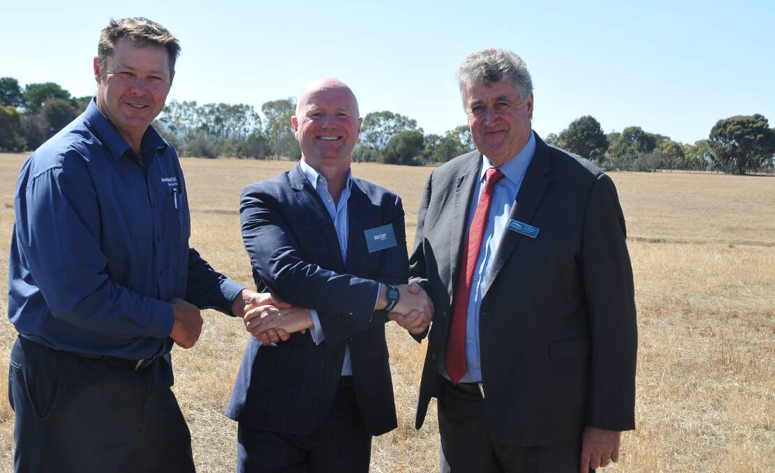 Stawell Gold Mines general manager Troy Cole, Nectar Farms chair Miles Sterrick and Northern Grampians Shire Mayor, Cr Murray Emerson welcome the announcement on Monday at the site on Landsborough and Leviathan Roads. Picture: MARCUS MARROW.