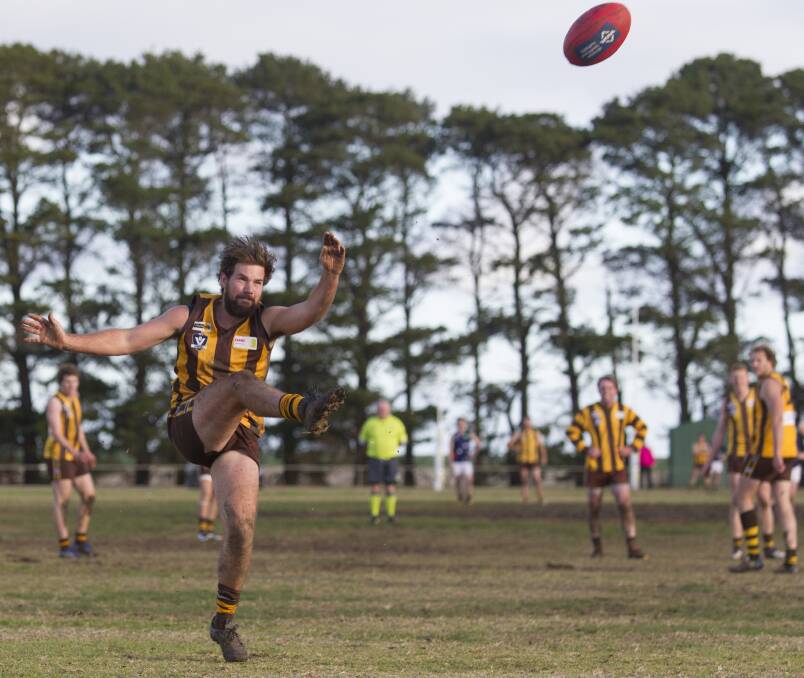 GOAL: Steven Butler shoots for goal when Tatyoon took on the Ararat Eagles in the Mininera and District Football League. Picture: PETER PICKERING