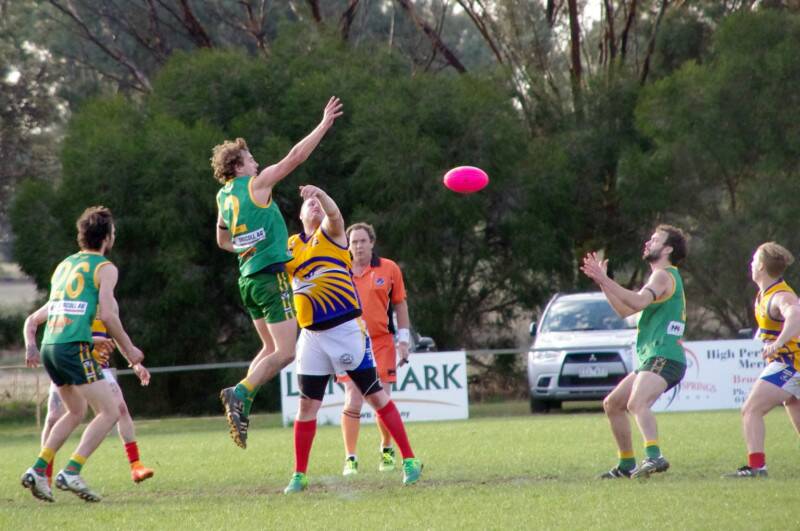 TAP DOWN: Rhett Murphey taps the ball down to Louis Hannett against Dunolly in the MCDFNL Women in Football round. 