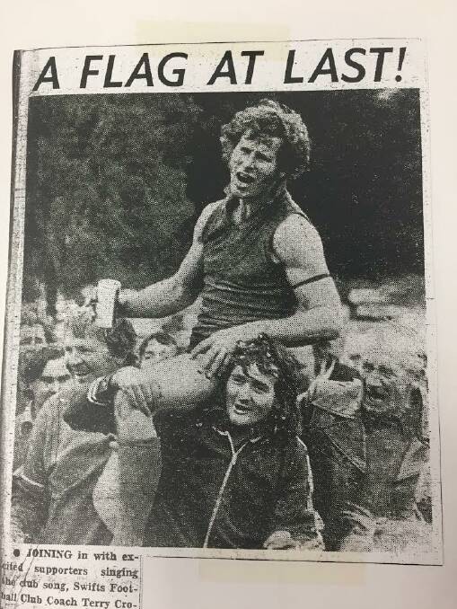 ELATION: Captain-coach Terry Croton after the Swifts victory. Swifts lost the 1976 grand final to Miners, making the 1977 win even sweeter.  