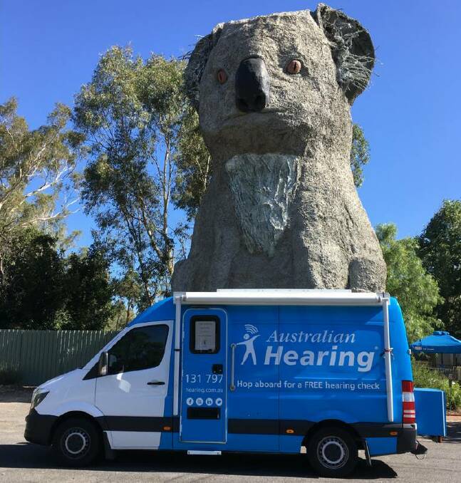 One of 12 hearing buses visiting rural locations stopping outside the Big Koala near Stawell. Tests will be conducted at Stawell on Monday and Ararat on Thursday. 