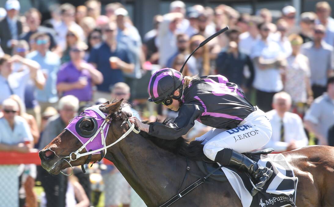THIRD PLACE: Jessica Eaton rides I Am The Dark to qualify for the Melbourne Cup Carnival Country Final. The gelding finished third in the final behind two Darren Weir horses. Picture: Racing Photos.