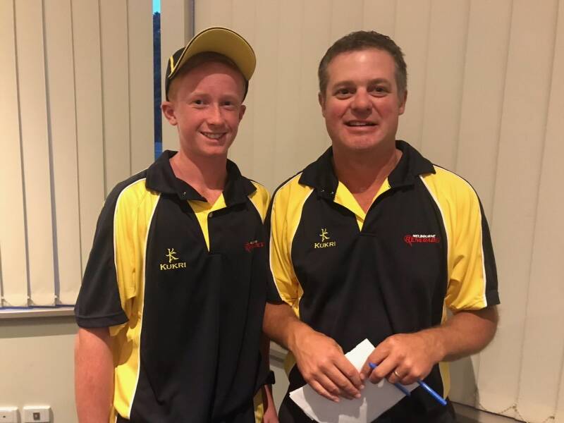 ECSTATIC: Bailey Hosemans with Central Highlands under-14 coach Gavin Mackay after being presented with his representative cap. Picture: Jason Hosemans. 
