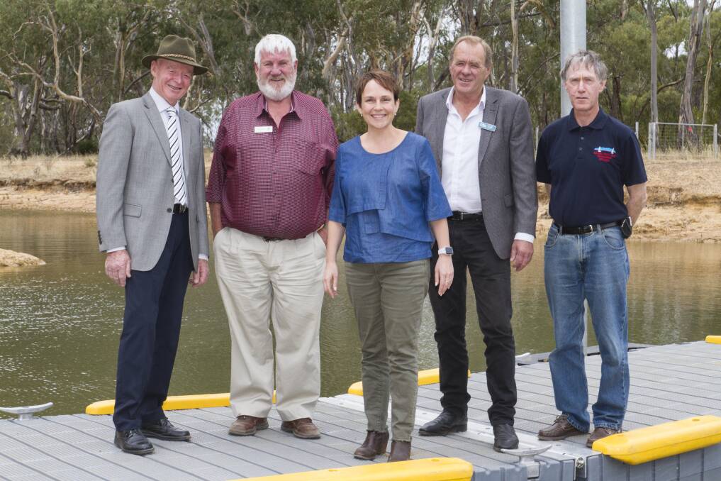 Jim Leeke, Peter Vogel, Minister Jaala Pulford, mayor Tony Driscoll and Roger Spratt on the new pontoon at Lake Fyans. Picture: Peter Pickering