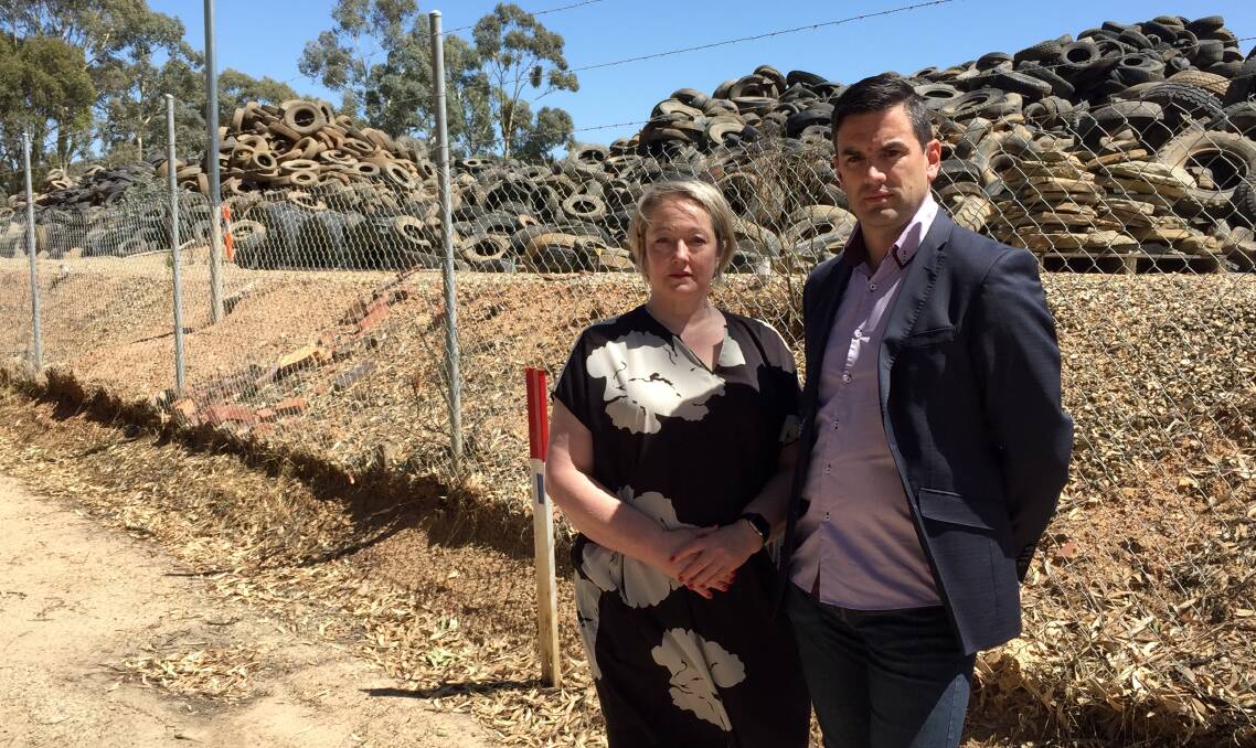 CONCERN: Ripon MP Louise Staley and Shadow Minister for environment Brad Battin visited the Stawell Tyre Yard on Friday. Picture: Anthony Piovesan