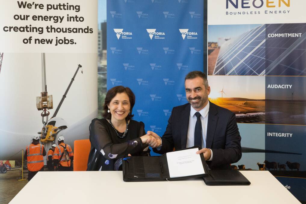 WORLD-FIRST: Minister Lily D'Ambrosio and Neoen Australia managing director Frank Woitiez sign off on the Bulgana wind farm which will power the Nectar Farms project. 