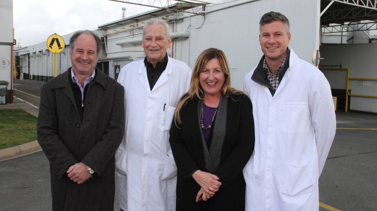 POSITIVE: Ararat mayor Paul Hooper, Ararat Abattoirs owner Bill and general manager Michael Stapleton with MP Danielle Green. Picture: PETER PICKERING