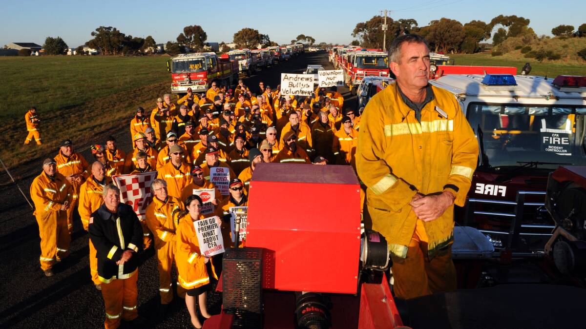 Wimmera CFA volunteers prepare to depart for a protest outside Parliament in Melbourne over the state government's new workplace agreement. Photo: PAUL CARRACHER