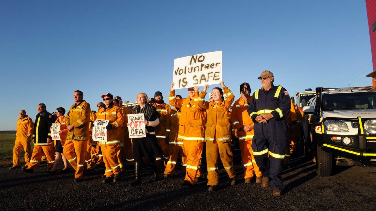 Member for Ripon Louise Staley joins a Country Fire Authority volunteer protest in Ararat on June 15. Picture: PAUL CARRACHER