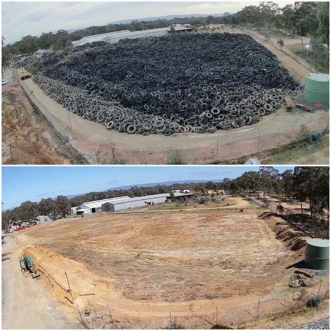 Stawell tyre yard before and after the cleanup. Picture: EPA