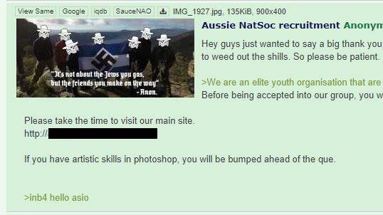One of more than a dozen messages posted to online forum 4chan urging young men to join the neo-Nazi group Antipodean Resistance. The image in the massage is from the gourp's trianing camp in the Grampians.