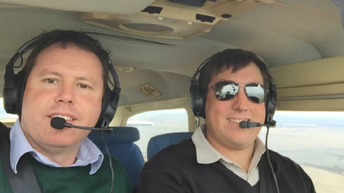 Member for Mallee Andrew Broad takes a selfie with his pilot on a charter flight from Mildura to Stawell and Horsham on the day of the 2016 federal election. The flight was later billed to taxpayers.