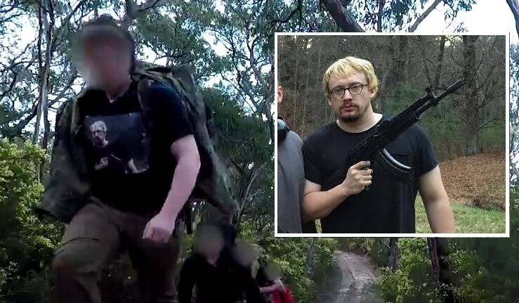 An member of Antipodean Resistance on a training camp in the Grampians wears a shirt with the image of US comedian Sam Hyde (insert), who became an unofficial mascot of the ‘alt-right’ online political extremist movement. 