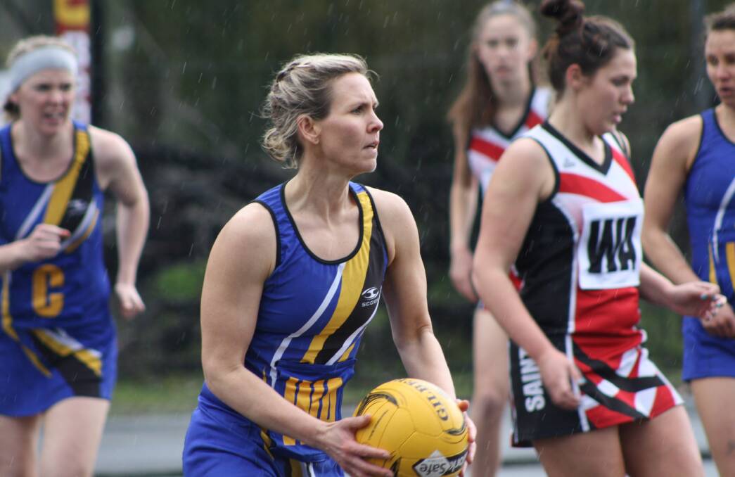 PASS: Cheryl Sudholz controls the ball for the Ewes in a tough game against the Saints in Saturday's elimination final at Harrow. Picture: LUKE HORTON 