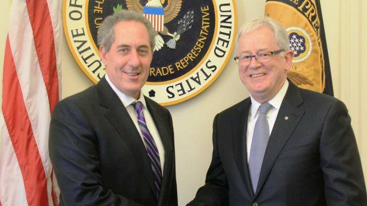Andrew Robb (right) talked trade with US Trade Representative Ambassador Michael Froman. Photo: Fairfax