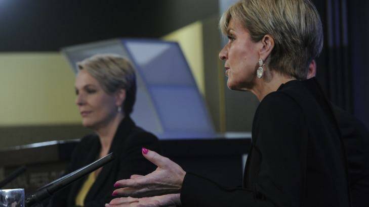 Minister for Foreign Affairs Julie Bishop and opposition spokeswoman Tanya Plibersek on Tuesday.  Photo: Graham Tidy