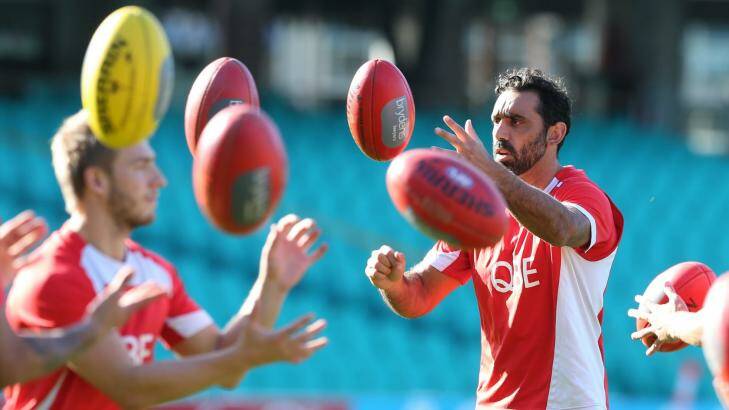 Going strong: Swans champion Goodes will sit down for contract talks with John Longmire. Photo: Anthony Johnson