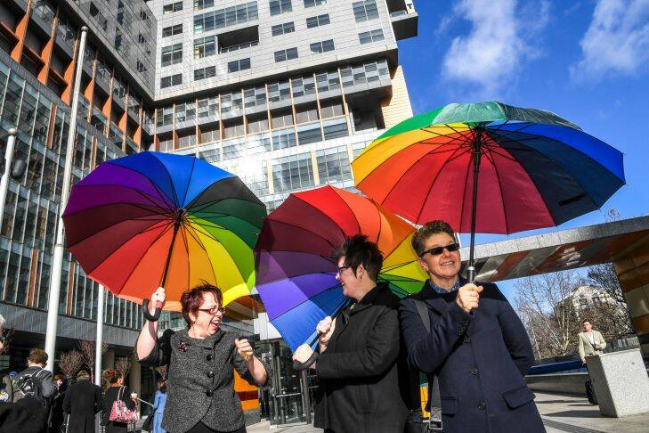 The Age, News, 05/09/2017 photo by Justin McManus. Same Sex Marriage postal survey's High Court Challenge. Supporters of the challenge L-R Sarah Marlowe, Felicity Marlowe and Jacqui Tomlins.