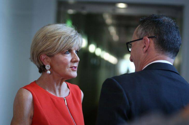 Foreign Affairs Minister Julie Bishop speaks with Greens leader Senator Richard Di Natale in the press gallery, at Parliament House in Canberra on Tuesday 17 October 2017. fedpol Photo: Alex Ellinghausen